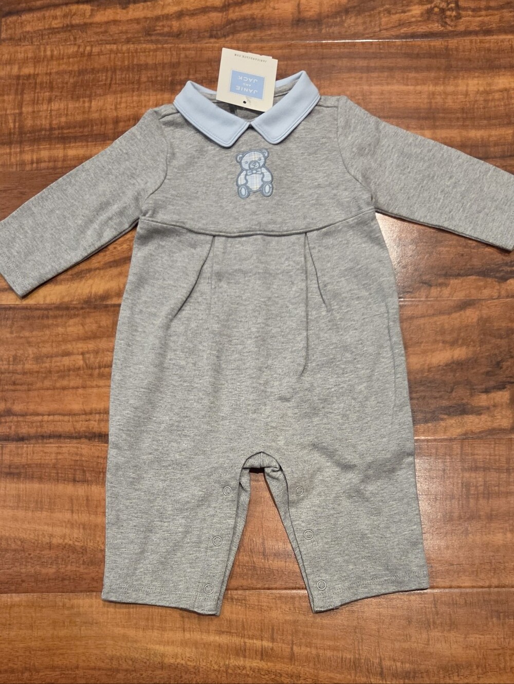 Janie and Jack NWT 0-3 Months Gray/Blue Collared Teddy Bear One-Piece Romper